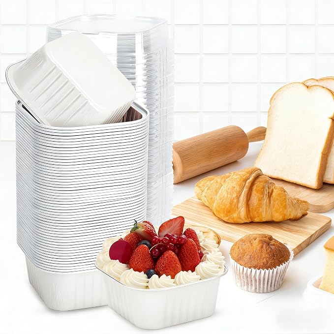 200Pack 5oz White Mini Cake Pans with Lids Baking Cups Aluminum Foil Pans Tins, Individual Dessert Cups Containers for Sales,Party,Picnics