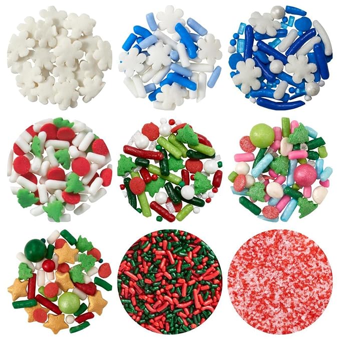 DECOPAC Christmas Trees & Holiday Dots Quins, 20.5oz, Fancy Sprinkles In Red, Green & White, Festive Edible Candy Sprinkles in Handheld Container For Celebration Cakes, Cupcakes, Cookies