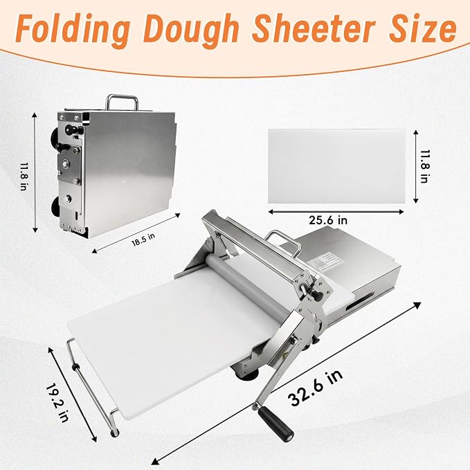 12In Folding Dough Sheeter, 304 Stainless Dough Roller Machine, 0.2–27mm Adjustable Thickness Pastry Laminator for Home & Small Bakery, Perfect for Pizza,Croissants,Dumpling Wrappers&Puff Pastry