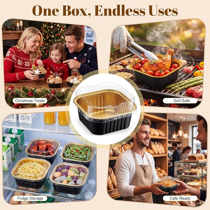 150 Pack 5 oz Black Gold Mini Cake Pans with Lid, Aluminum Foil Mini Baking Tins, Square Disposable Cupcake Baking Cup Dessert Container for Wedding Birthday Party Favors Picnic Supplies