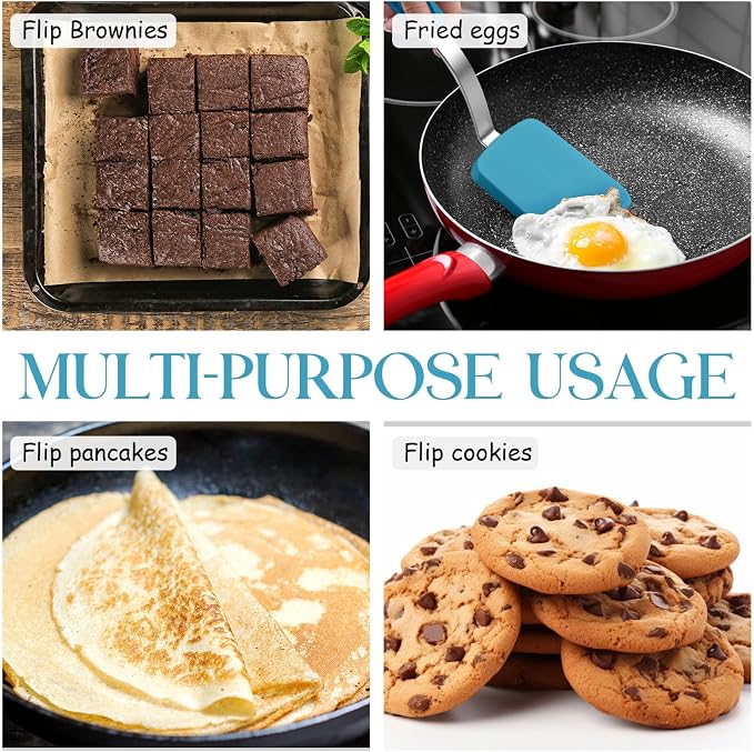 Silicone Cookie Spatula Turner 2 Pack Mini Brownie Spatula Flexible Kitchen Small Silicone Turner for Nonstick Cookware Heat Resistant No Scratch Flipper for Pancake(Solid Flat,Light Blue)