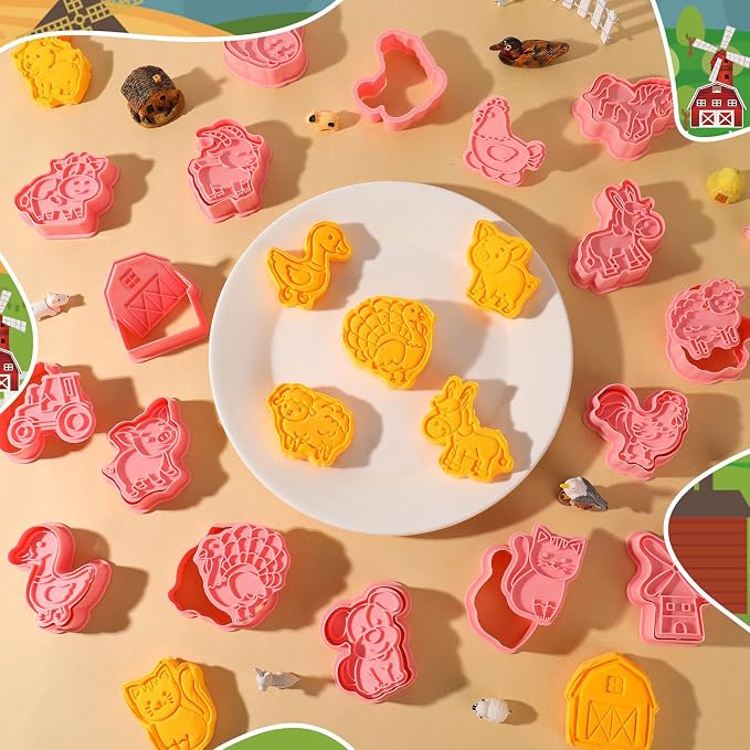 Jspupifip 16 Pack Farm Animal Cookie Cutters Set, 3D Cookie Plunger Stamps Cow Pig Chicken Sheep Animal Circus DIY Press Molds Funny Cartoon Farm Theme Party Baking Supplie Plastic Clay Biscuit Molds