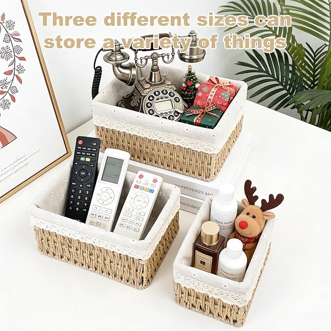 Large Wicker Storage Basket with Liner, Hand-Woven Paper Rope Rattan Organizer Bin for Pantry, Countertop, Bathroom, Bedroom, Shelves (Beige, L)