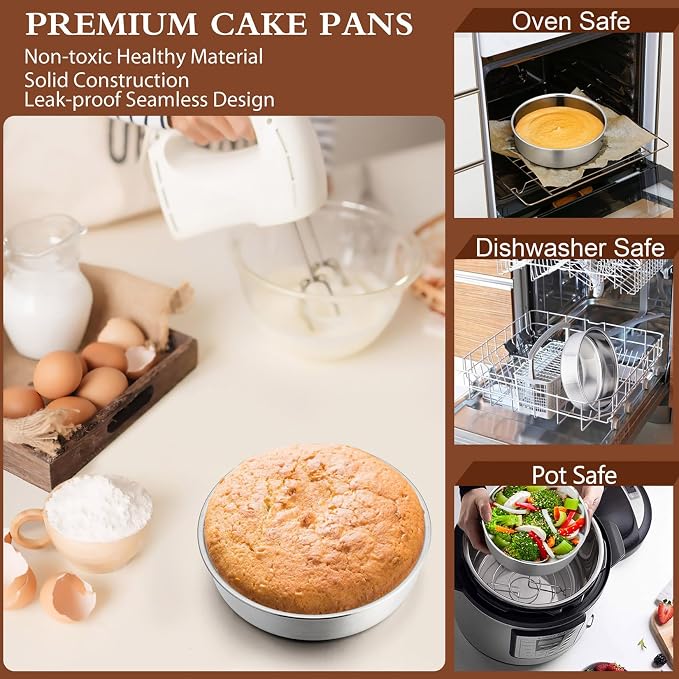 P&P CHEF 6 Inch Cake Pan Set of 4, Stainless Steel Baking Round Cake Pans Tins Bakeware for Birthday Wedding, Leak-proof & Easy Clean, Mirror Finish & Easy Releasing
