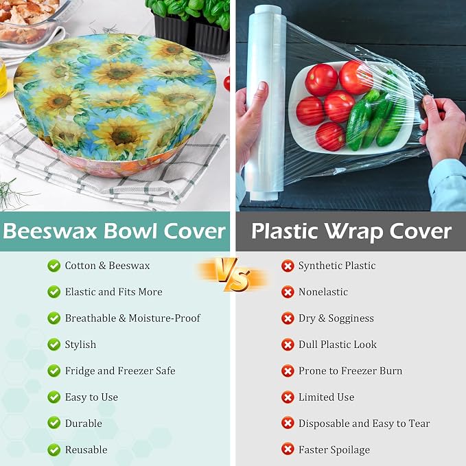 2 Large Reusable Beeswax Bowl Covers for Bread Proofing, 10/12 Inch Elastic Beeswax Wraps Cotton Cloth Sourdough Bowl Covers for Proofing Baskets, Mixer Bowls, Food Storage Containers