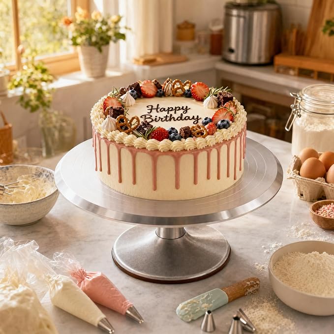 Aluminium 360° Rotating Detachable Cake Turntable – 12 Inch Non-Slip Cake Decorating Stand for Frosting, Icing, DIY Baking, Professional & Home Use