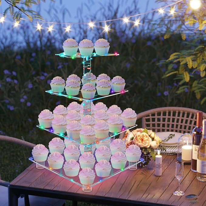YestBuy 4-Tier Acrylic Cupcake Stand for 50 Cupcakes with Colorful LED Lights and 4.7" Clear Tiers, Perfect for Weddings, Birthdays and Dessert Tables