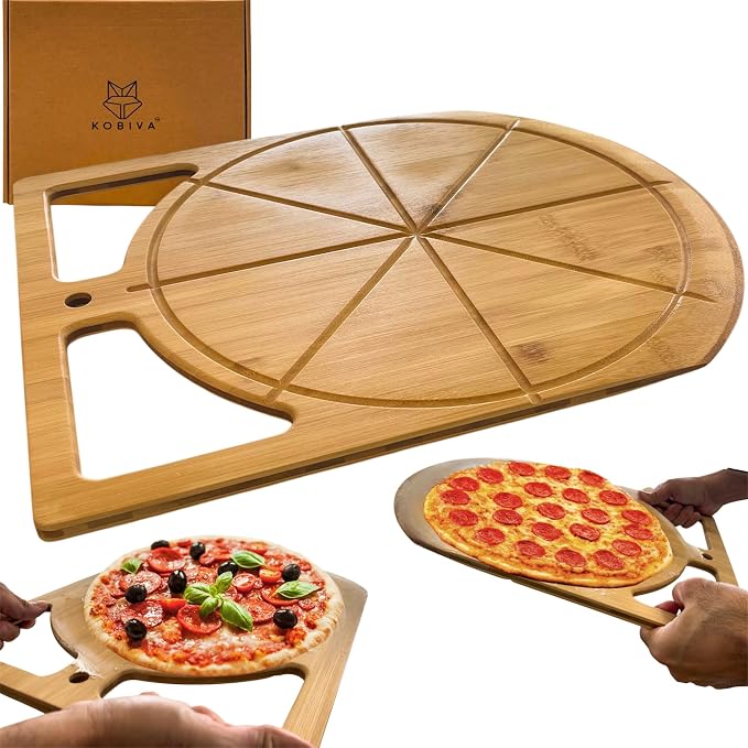 Wooden Pizza Peel & Round Cutting Board | Dual-Grip 2-in-1 Bamboo Pizza Paddle Board for Baking, Pizza Spatula & Large Cutting Board for Pizza | Pizza Turning Peel for Baking Accessories, 17” X 13.5”