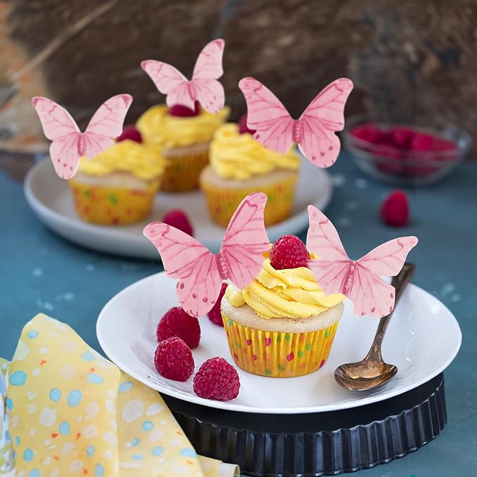 Gyufise 40Pcs Edible Butterfly Cake Decorations - Cupcake Topper Wafer Paper Pink Dot