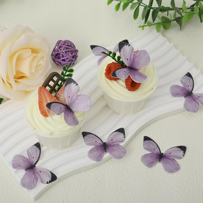 YOcity 50PCS Butterflies Cake for Decorations-Purple Butterfly Cupcake Toppers Small Pastel Wafer Paper Cake Cupcake Decor for Wedding Baby shower Birthday Suppliers