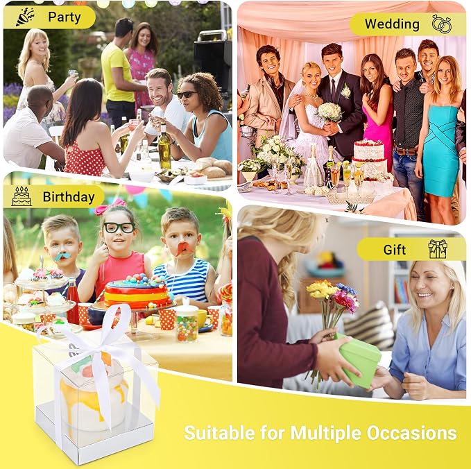 EUSOAR Cupcakes Boxes, 3.5 Inch 24 Packs Muffins Gift Wrappers individual Cupcake Containers with Ribbon, Clear Dessert Pastry Holder Disposable Cookies Carrier for Wedding Party Favor Bakery-Silver