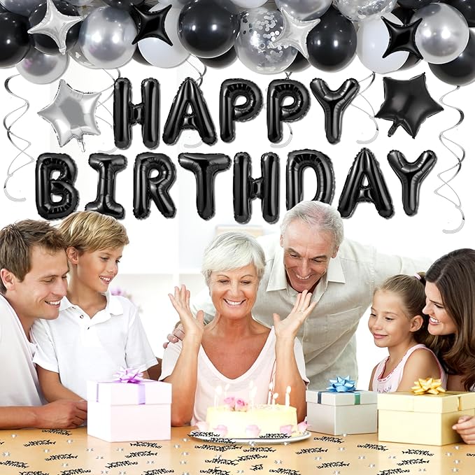 Black Happy Birthday Balloons Decorations Black and Silver Birthday Balloon Letters Banner with 8Pcs Star Balloons Hanging Swirls 10g Table Confetti for Home Room Bday Party Decorations Supplies