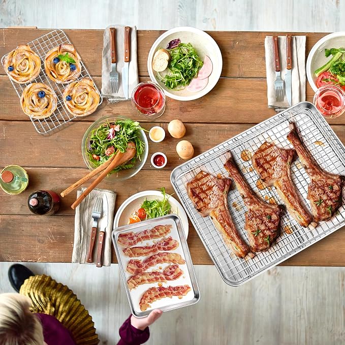 P&P CHEF 16 + 10.4 Inch Baking Sheet and Rack Set, Stainless Steel Cookie Sheets Oven Baking Pans Trays with Cooling Racks for Cooking & Roasting, Oven & Dishwasher Safe, (4Pcs)