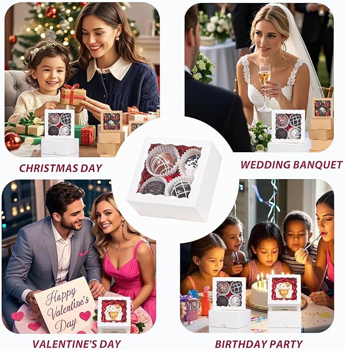 100Pack 4x4x2 Inch White Simple Elegant Bakery Boxes with Window Treat Boxes Truffle Boxes for Party Wedding Favor Mother's Valentine's Birthday Day
