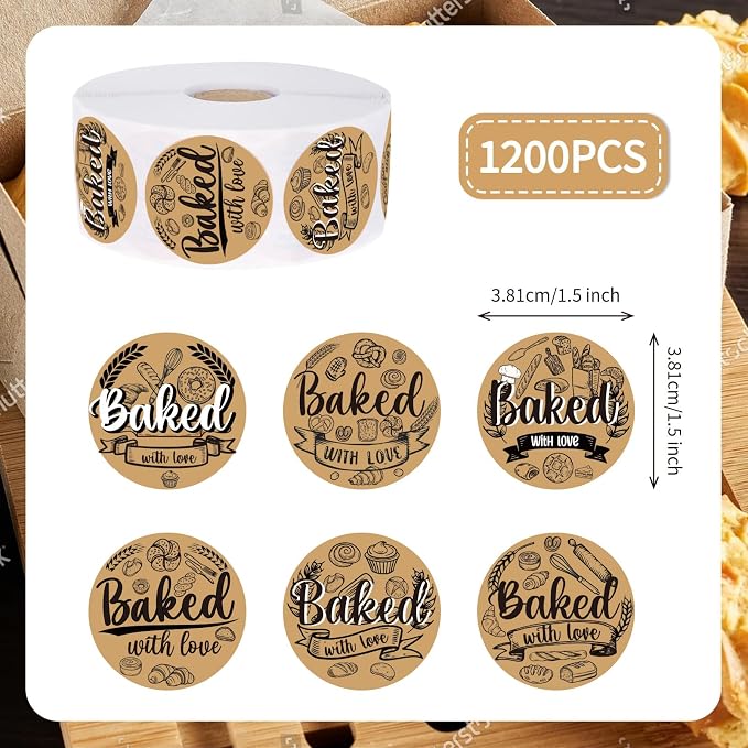 1200pcs Baked with Love Stickers 1.5Inch Round Thank You Heart Baking Sticker Kraft Paper Hand Made with Love Labels Bakery Label for Baked Food Packaging Cookie Bags Homemade Treats Gift Sealing