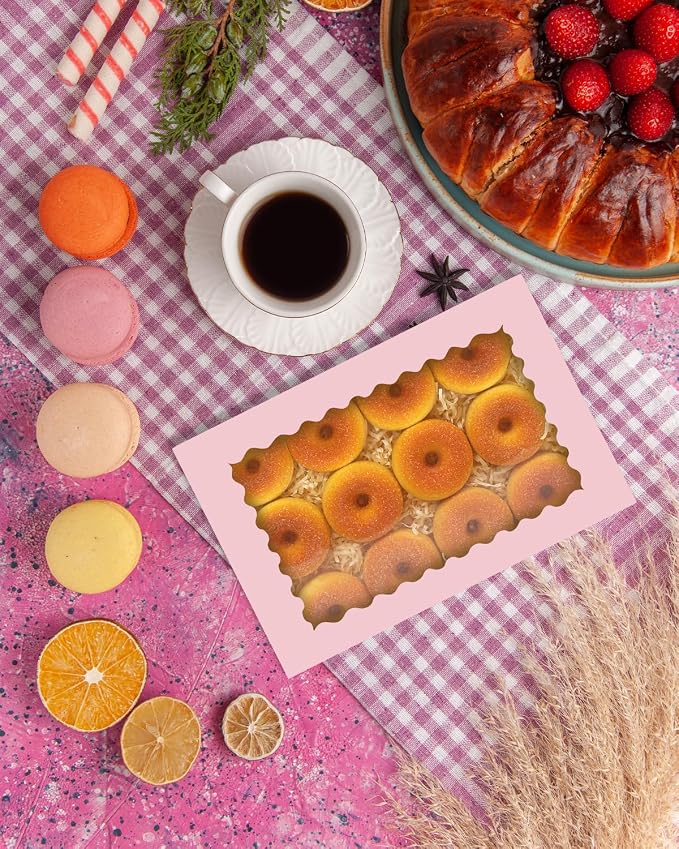 qiqee Auto-pop Up Pink Cookie Box with Window 14x10x2.5 Inch 24Pcs Bakery Pastry Macaron Bakery Box For Packaging