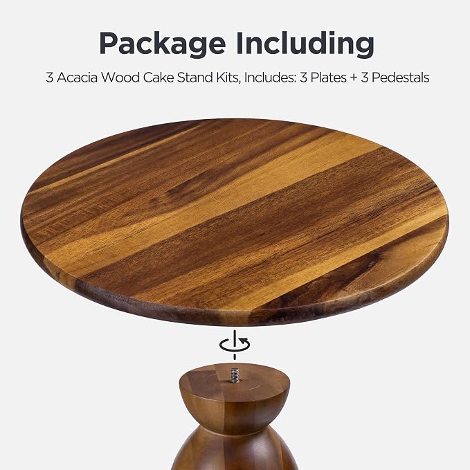 HBlife 3 PCS Acacia Wood Cake Stand Set (8"/10"/12" Plate), 2-in-1 Cake Holder and Charcuterie Board with Built-in Dip Bowl, Dessert Table Display Set, Decorative Tray for Home Decor