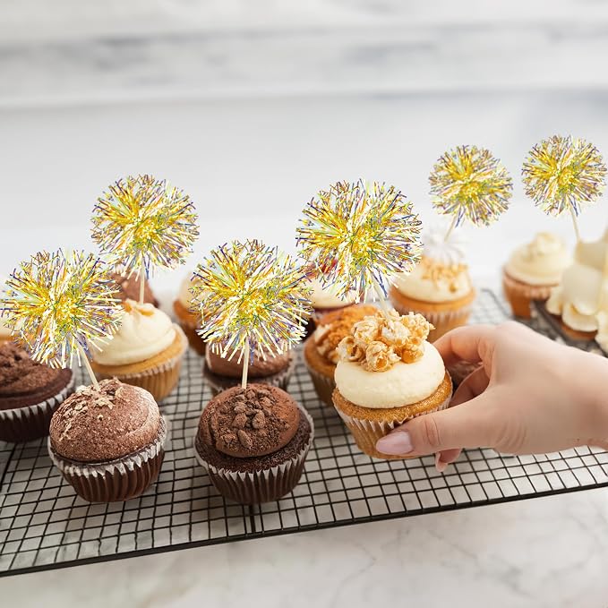 Gyufise 30Pcs Foil Firework Cupcake Toppers Sparkle Tinsel Cake Toppers Tinsel Drink Cake Decoration Cocktail Picks for Halloween Birthday Wedding Graduation Party Supplies Laser Yellow