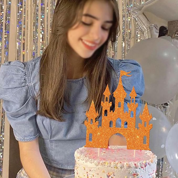 1 PCS Castle Cake Topper Glitter Princess Cake Topper Castle Theme Birthday Party Decoration Princess Happy Birthday Cake Decoration for Baby Shower Girls Princess Birthday Party Supplies Orange