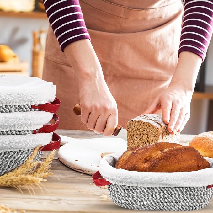 Gejoy 4 Pcs 10 Inch Cotton Rope Banneton Bread Proofing Basket Set Oval Bread Baskets with Liners & Covers Proofing Baskets for Sourdough Baking with 4 Strickle for Home Bakers Wife Mom(Grey, White)