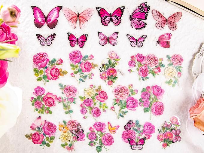 Knaid 300 Pieces Assorted Butterfly and Flower Stickers, Transparent Butterflies Floral Resin Decals Aesthetic Journaling Scrapbook Stickers for Card Making Bullet Junk Journal Planner Craft Supplies