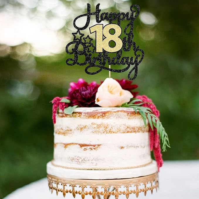 1Pc 18th Happy Birthday Cake Topper Glitter Cheers to 18 Years Birthday Cake Pick Cake Decoration for 18th Party Decoration Supplies Black Gold