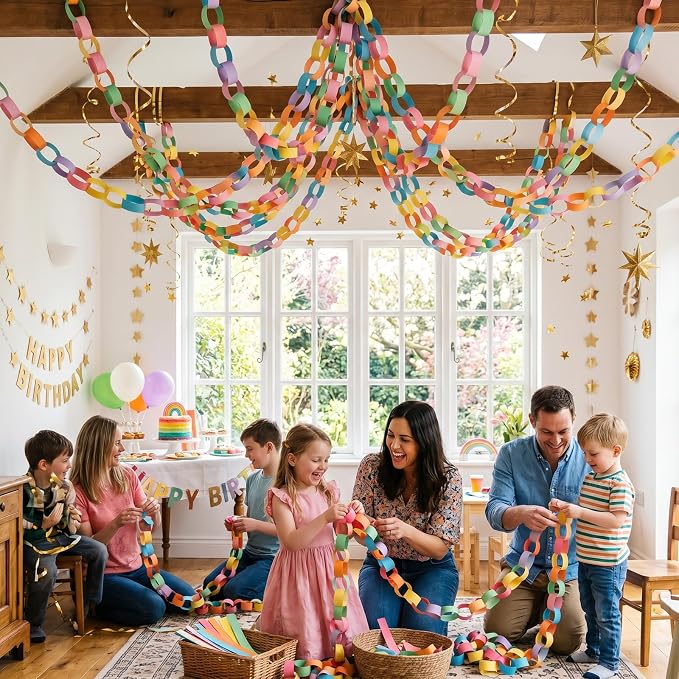 Macaron Pastel Paper Chain & Mirror Star Garland Kit with Double-Sided Tape, Pre-Cut 10 Colors Strips. Ideal for Birthday, Baby Shower, Wedding & Party Decor. (300, 2 x 8.27 Inches)