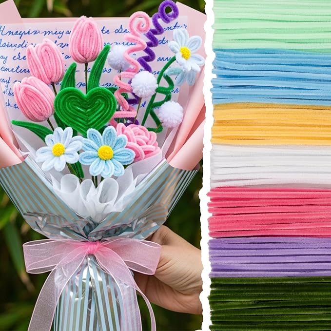 Caydo 500 Pieces Pipe Cleaner Flower Kit, Macaron Colorful Chenille Stems Bulk for Pipe Cleaner Bouquets Making