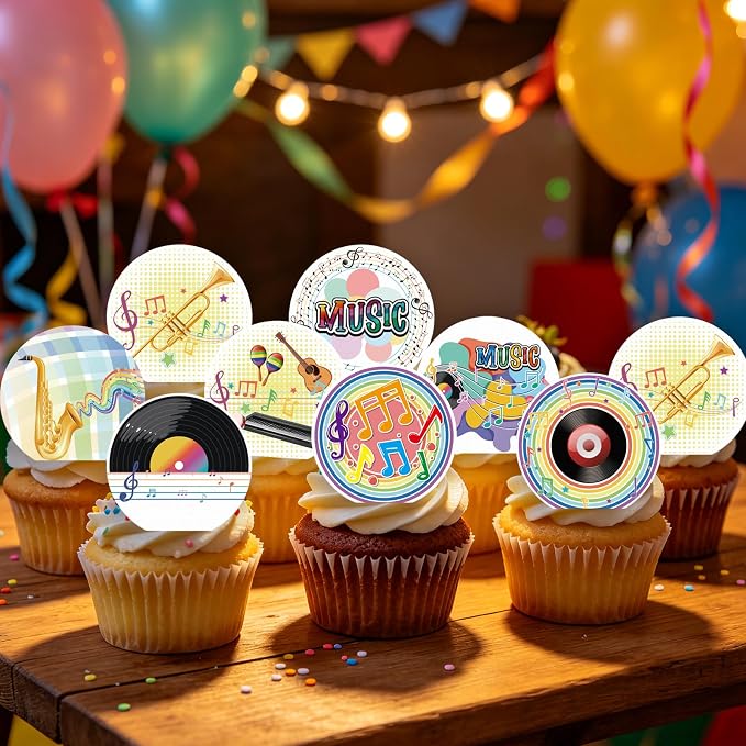 36PCS Edible Musical Cupcake Toppers Wafer Paper Music Symbol Cake Picks Music Concert Cake Topper CD Piano Violin Cupcake Picks for Concert Theme Party Decor