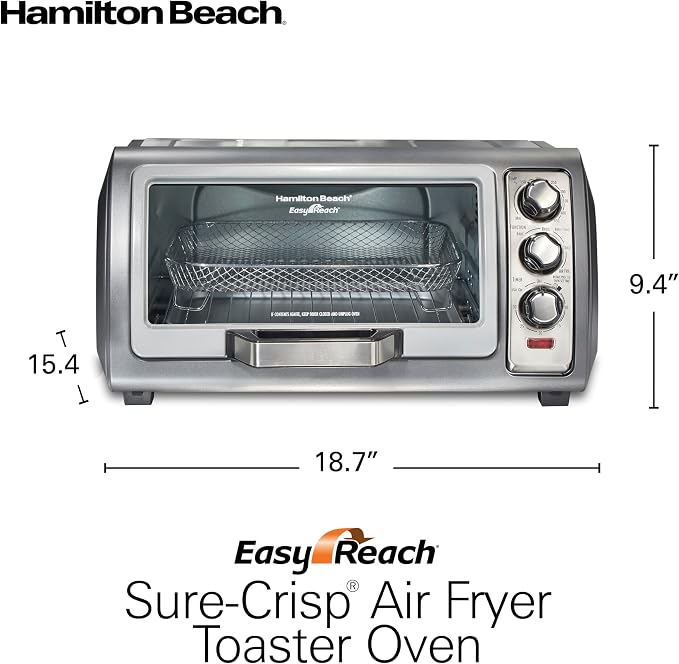 Hamilton Beach Air Fryer Toaster Oven Combo, Stainless Steel | Large Capacity, Fits 6 Slices or 12" Pizza, 4 Cooking Functions: Convection, Bake, Broil, Roll-Top Door