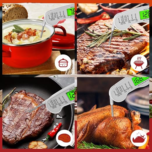 AWLKIM Digital Meat Thermometer, Instant Read Thermometer, White | Food thermometer for grill, BBQ, candy, oil and baking; backlit display, foldable probe and magnetic storage.
