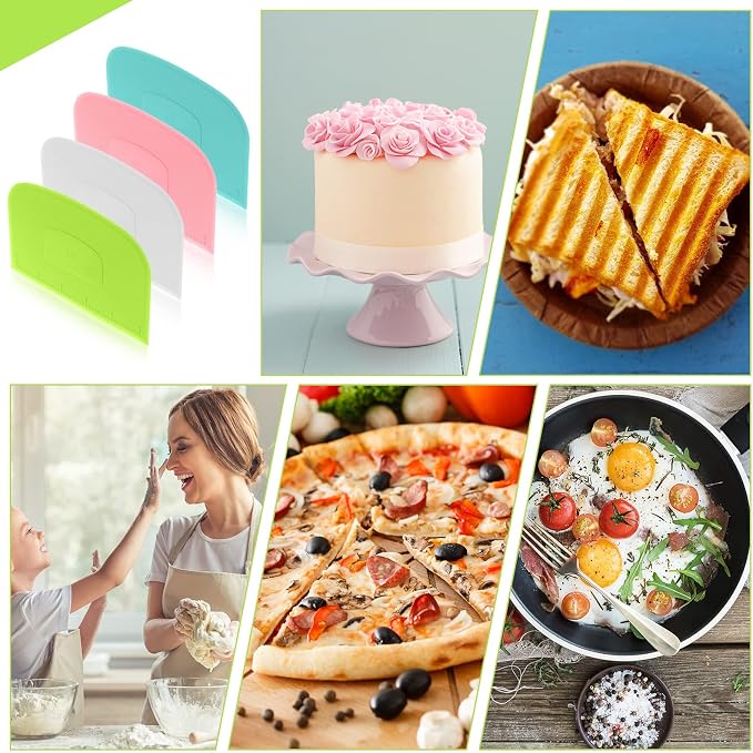 4 Piece Plastic Dough Scraper Bowl Scraper Flexible Multipurpose Food Scraper Plastic Dough Cutter for Bread Cake Dough Fondant Icing (White, Green, Blue, Pink)