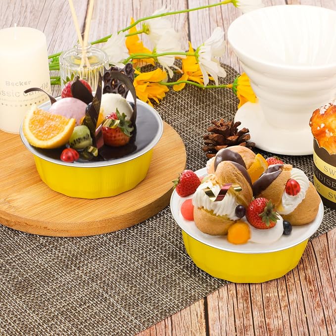 Beasea Aluminum Cups for Baking, 8oz 100 Pack Disposable Ramekins with Lids, Lemon Yellow Aluminum Foil Cups Creme Brulee Muffin Cupcake Baking Cup Mini Pudding Cups for Party Wedding Birthday