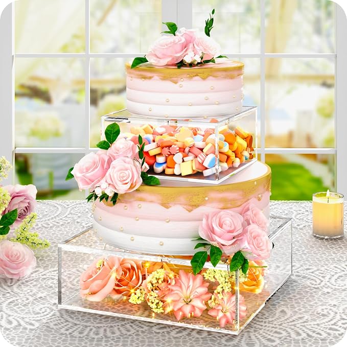 2PCS Clear Acrylic Cake Stand, Fillable Cake Box Riser Cake Tier, Square Cake Display Box with Lid, Decorative Centerpiece Box for Wedding Birthday Party (2pcs, 10" Dx4” H; 6" Dx4” H, 2M LED Lights)
