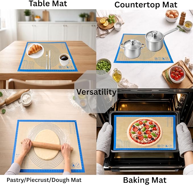Silicone Pastry Mat with Measurements, 26 x 16 Inch Extra Thick Non-Slip Nonstick Large Baking Mat for Dough Rolling, Kneading, Fondant and Pie, Blue