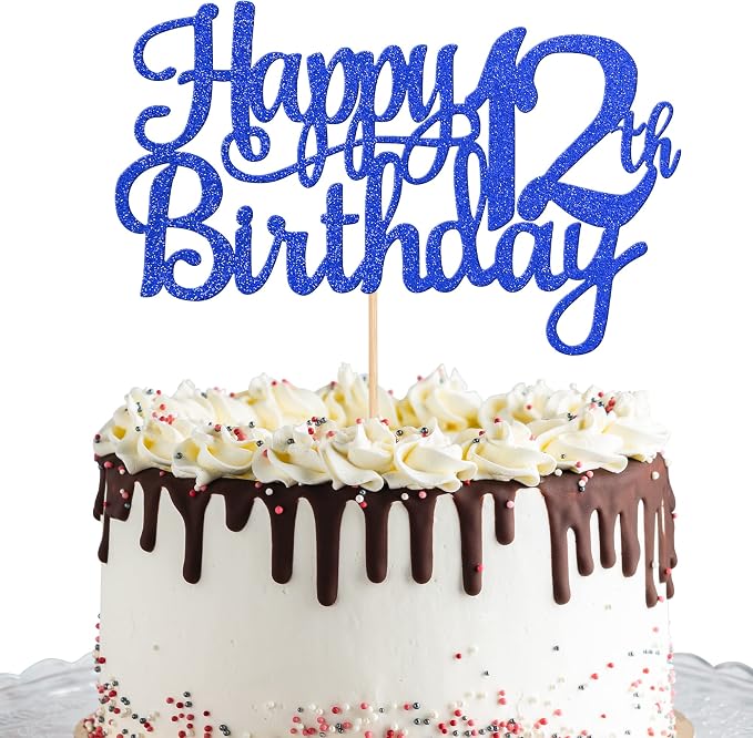 1 PCS Happy 12th Birthday Cake Topper Glitter Cheers to 12 Years Birthday Cake Pick 12 Fabulous Cake Decoration for Happy 13th Birthday Theme Party Decorations Supplies Blue