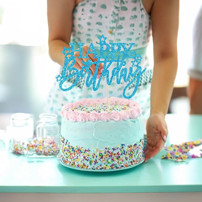Gyufise 1Pcs Happy Birthday Cake Topper Glitter Happy Birthday Cake Pick for Celebrating Happy Birthday Anniversary Theme Party Cake Decorations Supplies Light Blue