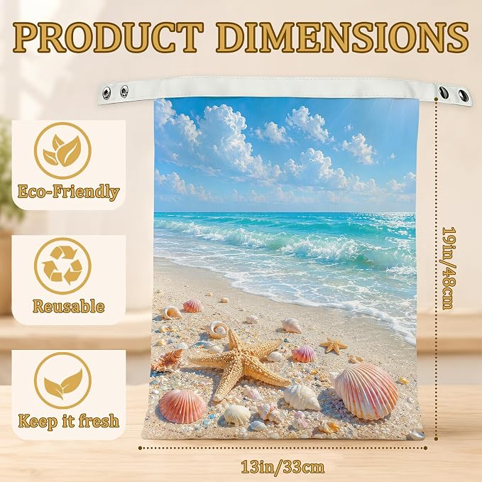 2 Pack Beeswax Linen Starfish Beach Bread Bags, Seashell Coast Reusable Fresh Keeping Bags for Sourdough & Baguette, Freezable Portable Bread Storage Container 17×13''