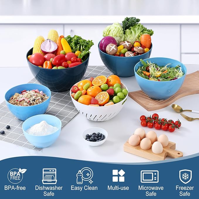 LUXEAR 15 Piece Mixing Bowls with Lids Set, Super Large(6.87-0.21QT) Plastic Nesting Bowls 6 Prep Bowls 6 Lids 1 Colander 2-in-1 Spoon Microwave Dishwasher Safe for Preparing Mixing Serving Storing