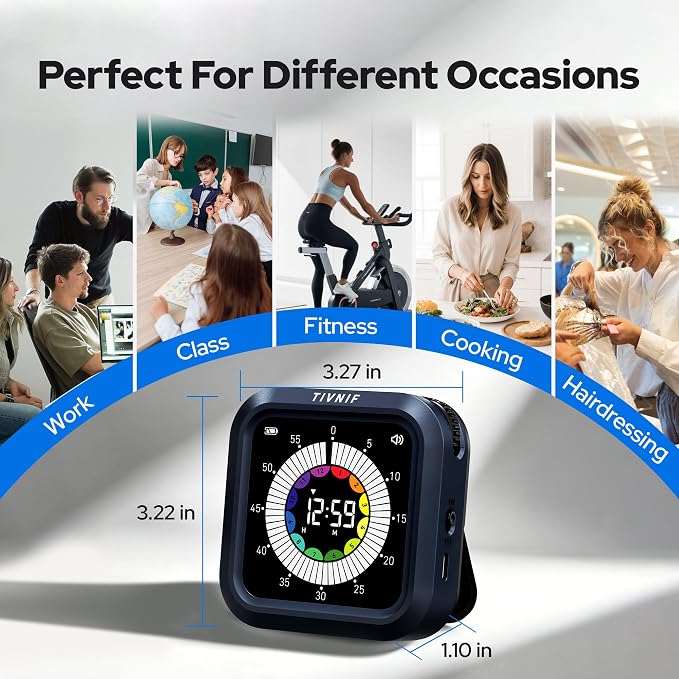 Visual Timer for Kids with Color Display Kitchen Timer 1500mAh Battery | Memory Function Scroll Wheel Control, Magnetic Back with Stand, Up to 12h59m Countdown, Kitchen, Study & Classroom