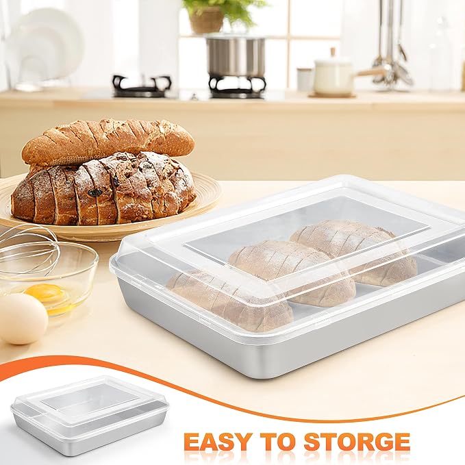 Herogo Cake Pan with Lid (3 Pans + 3 Lids), 9.4/10.5/12.4 Inch Rectangle Stainless Steel Baking Set Multisizes, for Brownies Casseroles Cakes, Dishwasher Safe