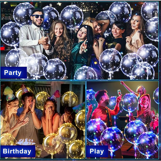 Vinsot 30 Pack LED Bobo Balloons Light Up Balloons Clear Helium Bubble Bobo Glow with String Lights for Parties Birthday Wedding Decoration(Multi Color Lights 20 Inch, 30)