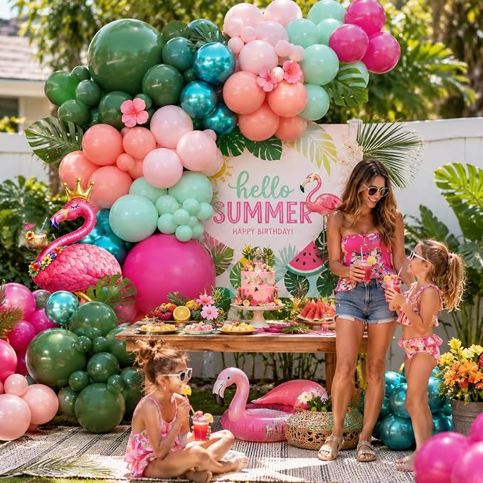 Tropical Flamingo Balloon Arch Garland Kit, Hot Pink Metallic Green Light Pink Orange Balloon Flamingo Foil Balloons for Hawaiian Summer Luau Aloha Beach Pool Baby Shower Birthday Party Decorations