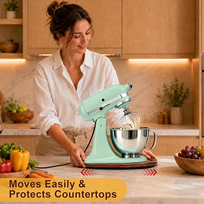 TREWAVE Mixer Slider Mat with 4 Caster Wheels, Pine Wood Sliding Tray Compatible with KitchenA 4.5-5 Qt Tilt-Head Stand Mixer, Kitchen Countertop Storage Accessories, 15.5" x 9.5"