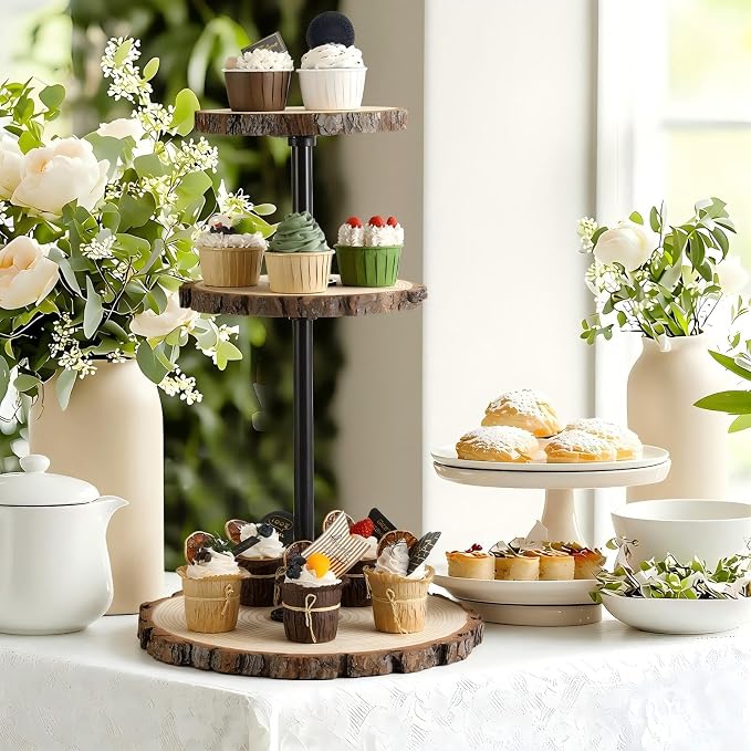 Chunful Rustic 3 Tier Round Natural Wood Cupcake Dessert Stand, Cup Cake Tower Stand Holder, Wooden Cake Display Tiered Centerpiece for Party, Birthday, Wedding, Baby Shower, Holiday Decoration