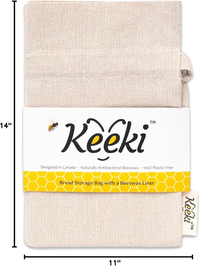 Keeki Bag - The Original Beeswax-Lined Bread Storage Bag (Natural) | Plastic-free Beeswax Wrap Alternative w/ Wide Drawstring Closure, Breathable, Washable Linen for Homemade Artisan Bread