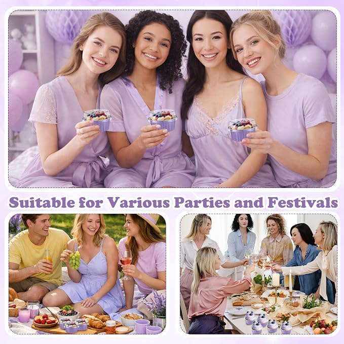 200 Pack Aluminum Foil Cupcake Liners with Lids, 5 oz Round Baking Cup, Disposable Ramekin Container for Graduation Wedding Independence Day Party(Taro Purple,Plain)