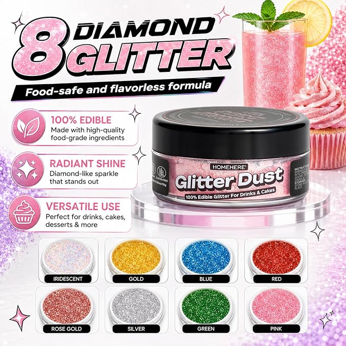 HomeHere Edible Glitter for Drinks & Cakes, 10g Food Grade Disco Diamond Glimmer Dust, Sparkle Powder for Cocktails, Chocolate, Baking Decorations, Vegan& Tasteless (Light Pink)