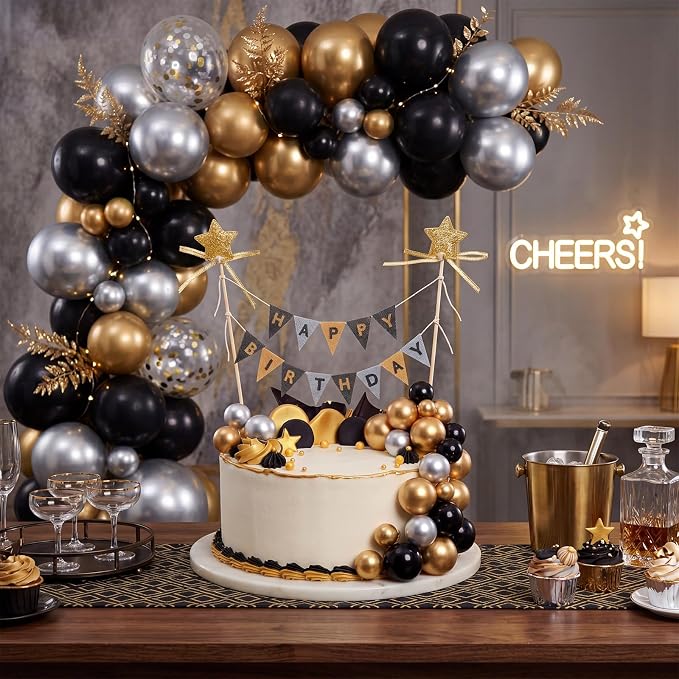16 Pcs Happy Birthday Cake Topper Cake Bunting Topper Banner with Wood Pole Rainbow Garland with Bow Ribbon Balloon, Mini Cupcake Decor for Birthday Baby Shower (Gold,Silver,Black)