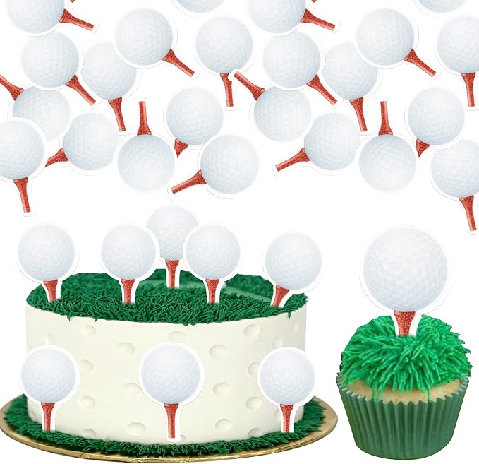 48 PCS Edible Golf Cupcake Toppers Wafer Paper Sports Ball Cupcake Picks Edible Golf Birthday Decorations for Sports Theme Baby Shower Kids Boys Girls Player Birthday Party Cake Decoration Supplies